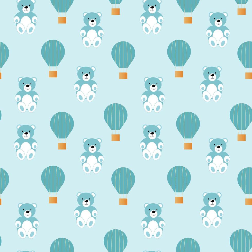 Baby shower seamless pattern with balloon and bear on blue background. It s a boy. vector