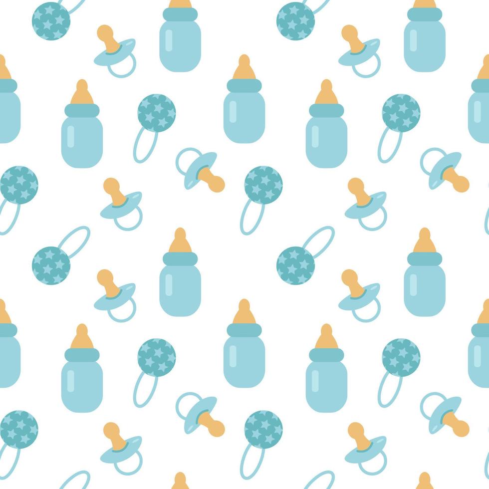 Seamless pattern with bottle, nipple and rattle on white background. It s a boy. vector