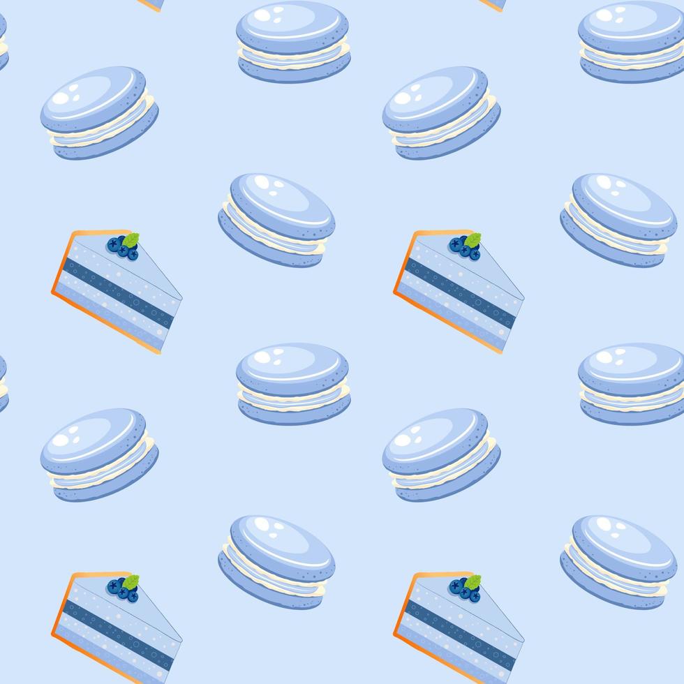 Seamless pattern with cake and macaroons on blue background. vector