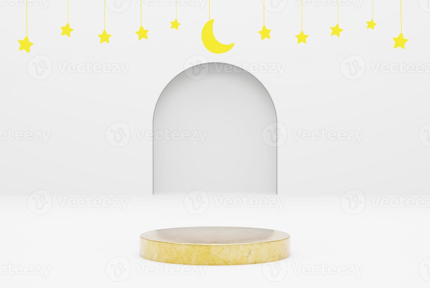 Platform gold texture with white background star. ramadan kareem, eid and islamic concept. 3d illustration rendering photo