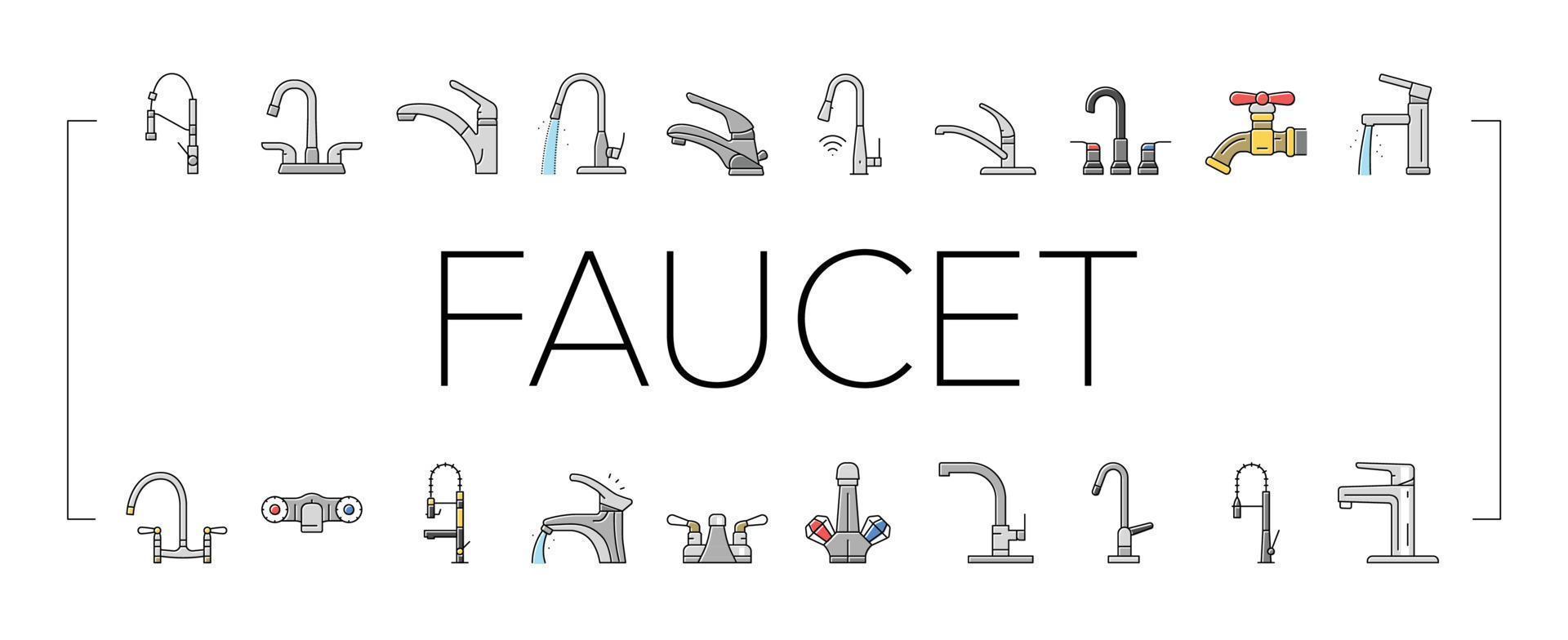 faucet water sink tap bathroom icons set vector