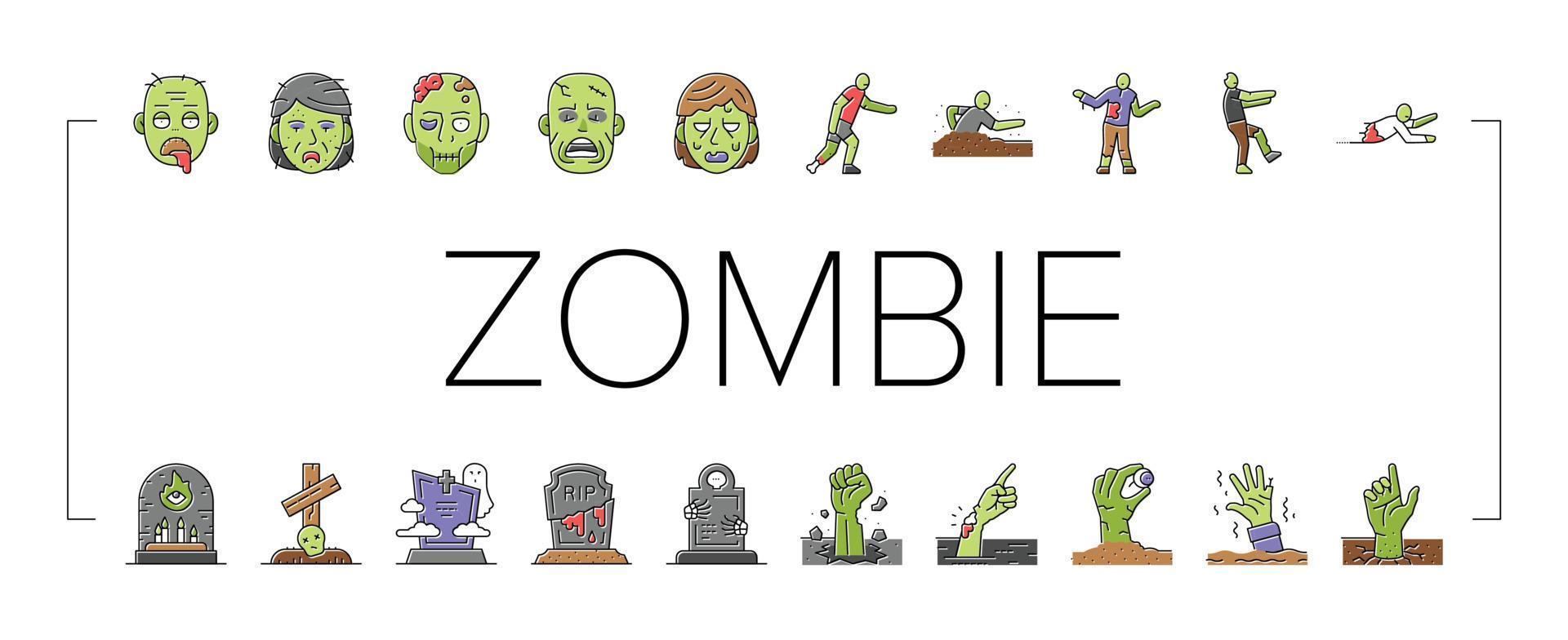 zombie horror scary dead evil icons set vector