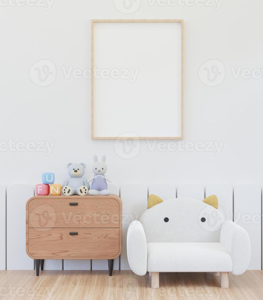 3D mockup photo frame in chidren room rendering