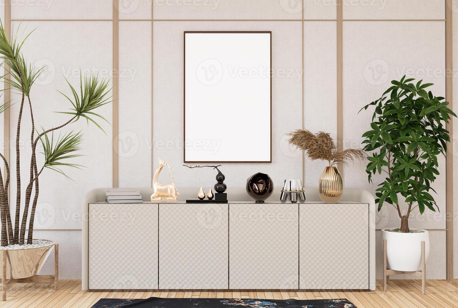 3D illustration Mockup blank photo frame in living room rendering