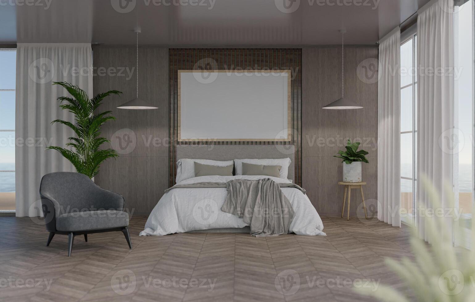 3D mockup blank photo frame in bedroom at pool villa