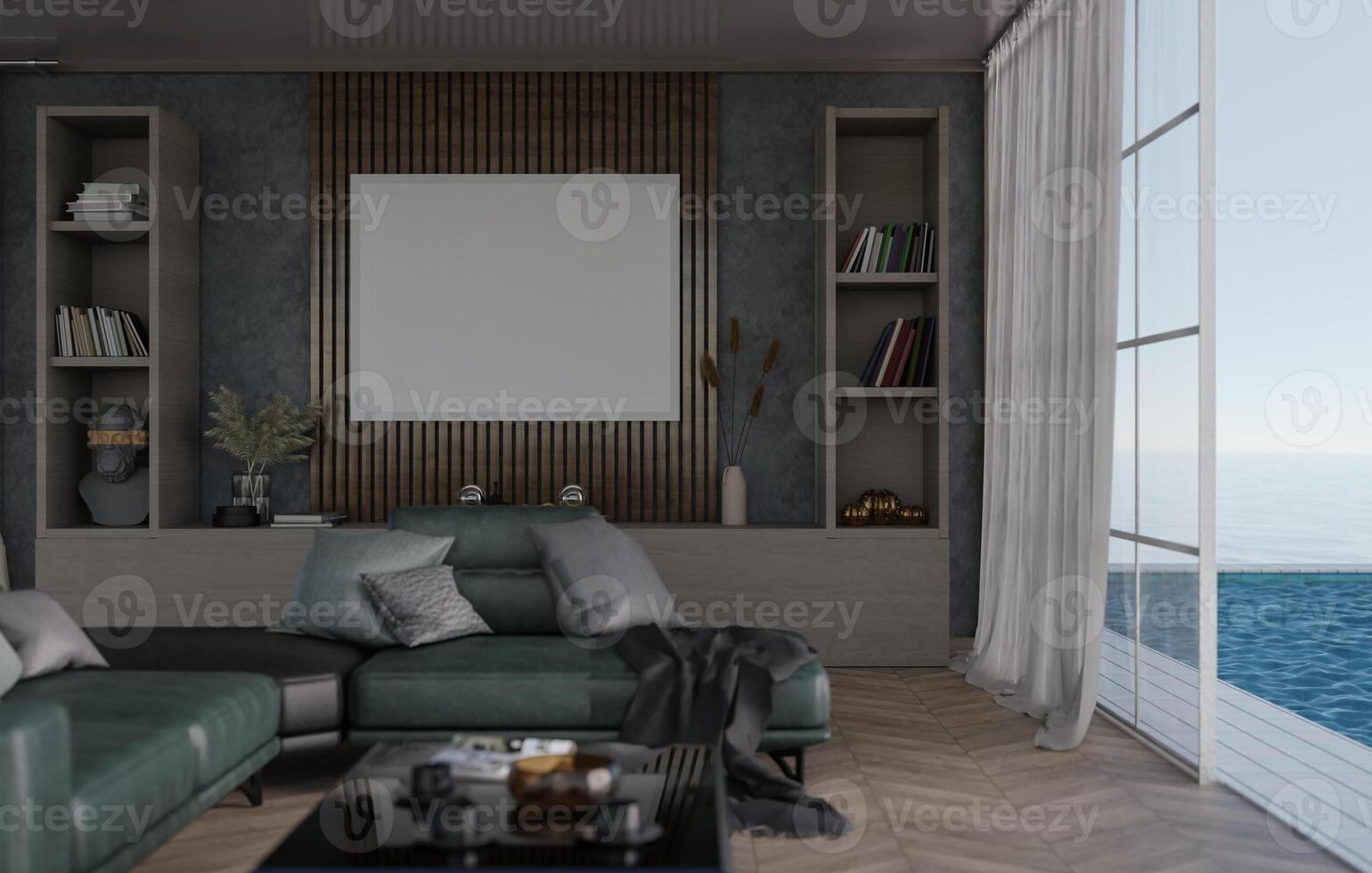 3D mockup blank photo frame in living room rendering