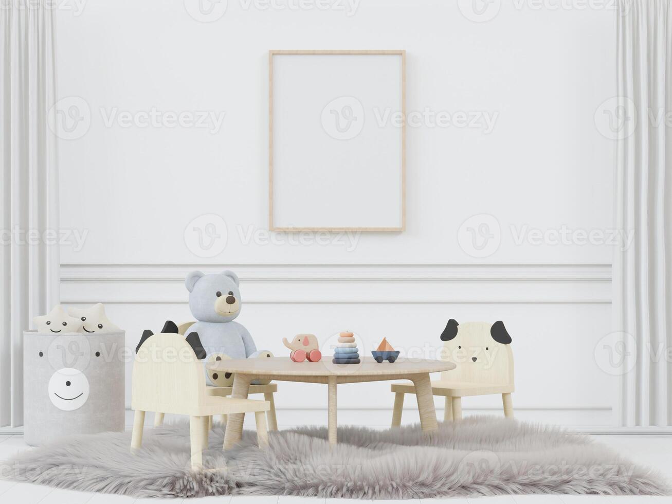 3D mockup photo frame in chidren room rendering