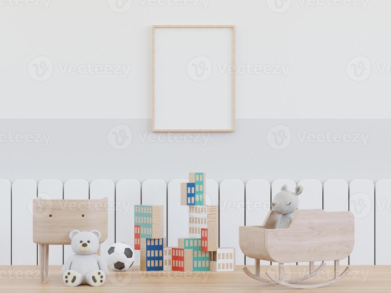 3D mockup photo frame in chidren room rendering