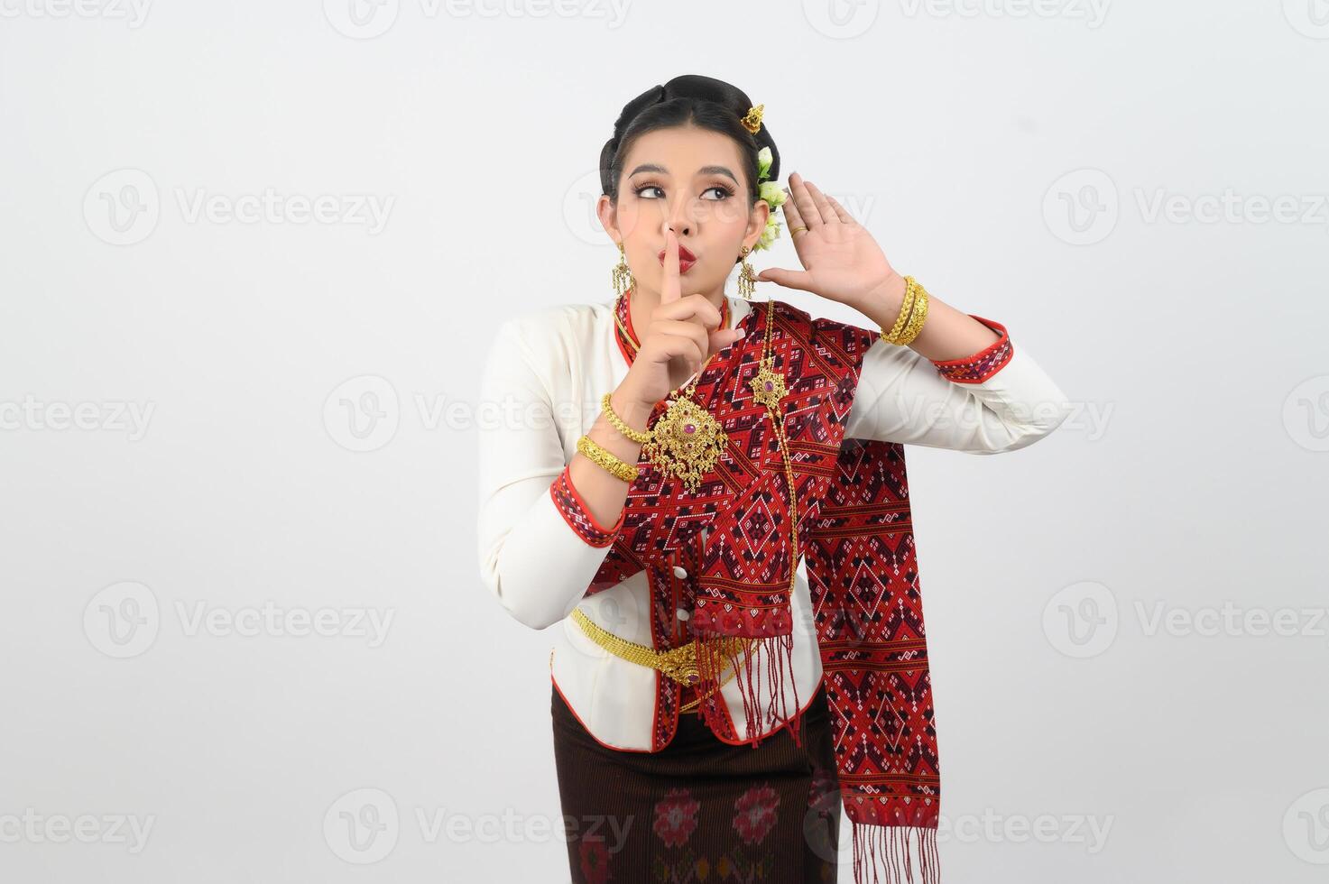 Young beautiful woman Thai Lanna dress on with shouting posture photo