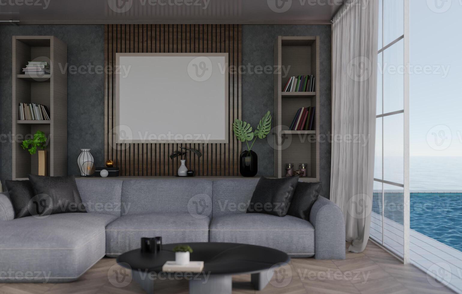 3D mockup blank photo frame in living room rendering