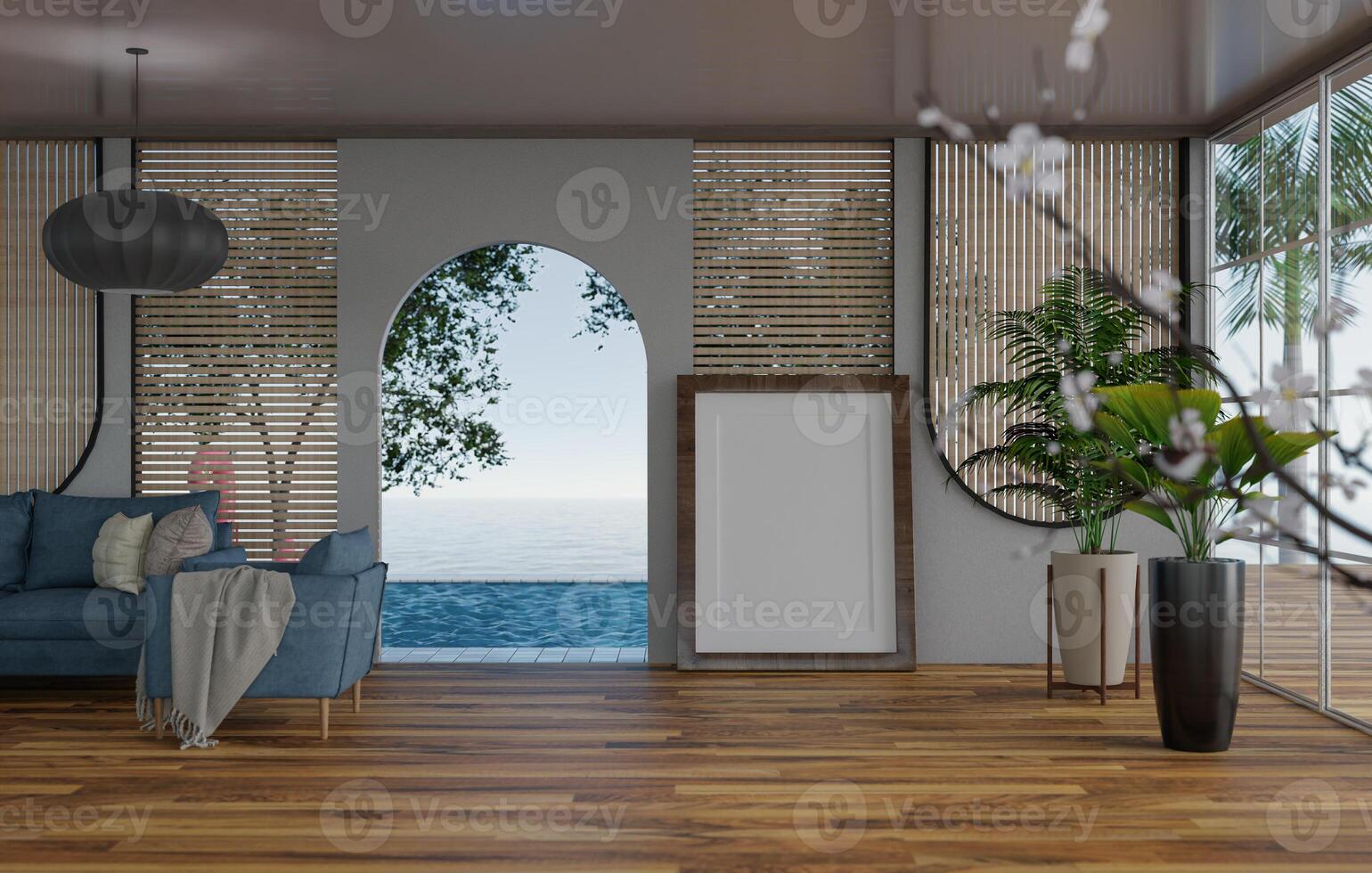 3D mockup blank photo frame in living room rendering