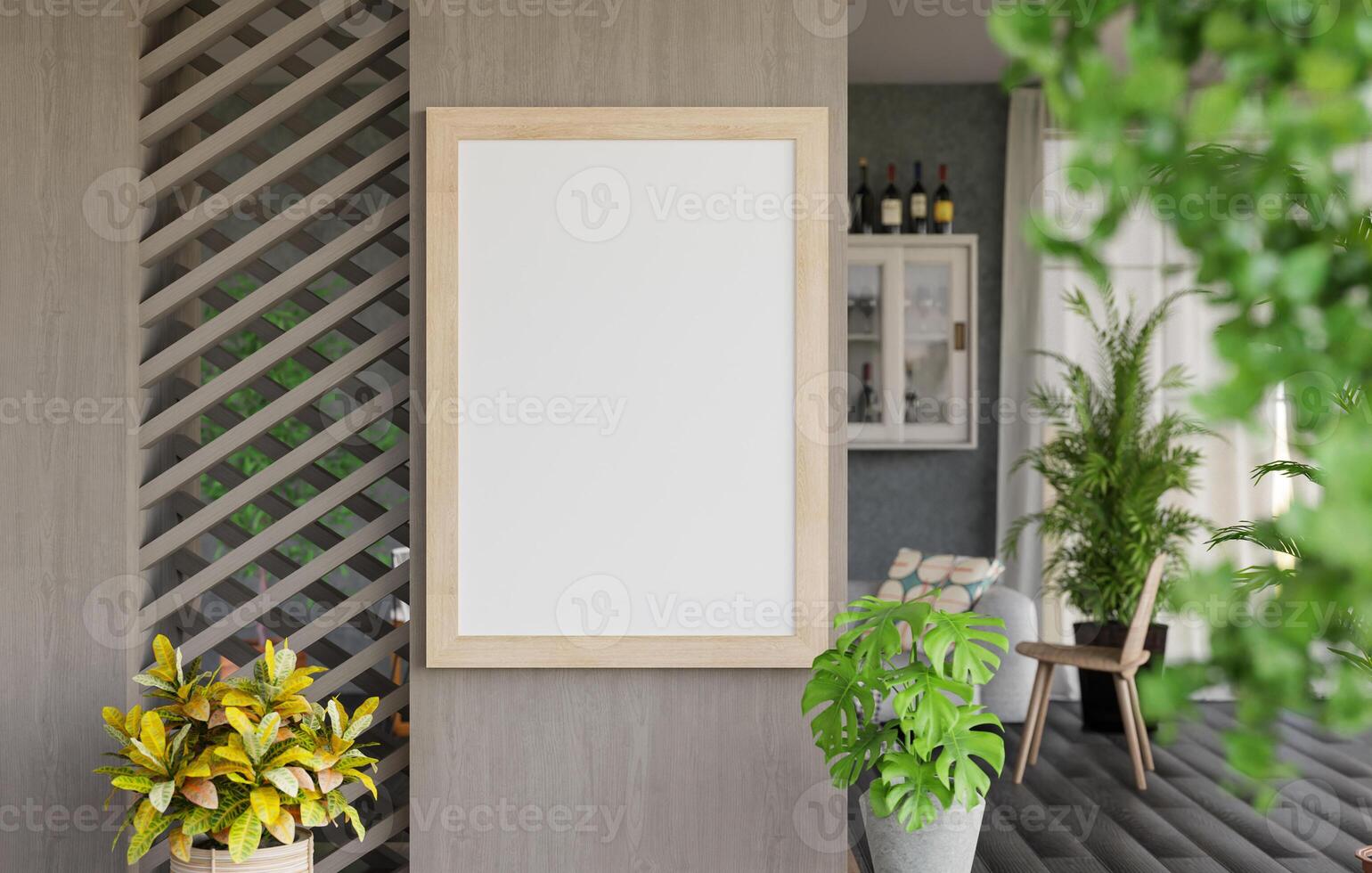 3D mockup blank photo frame in living room rendering