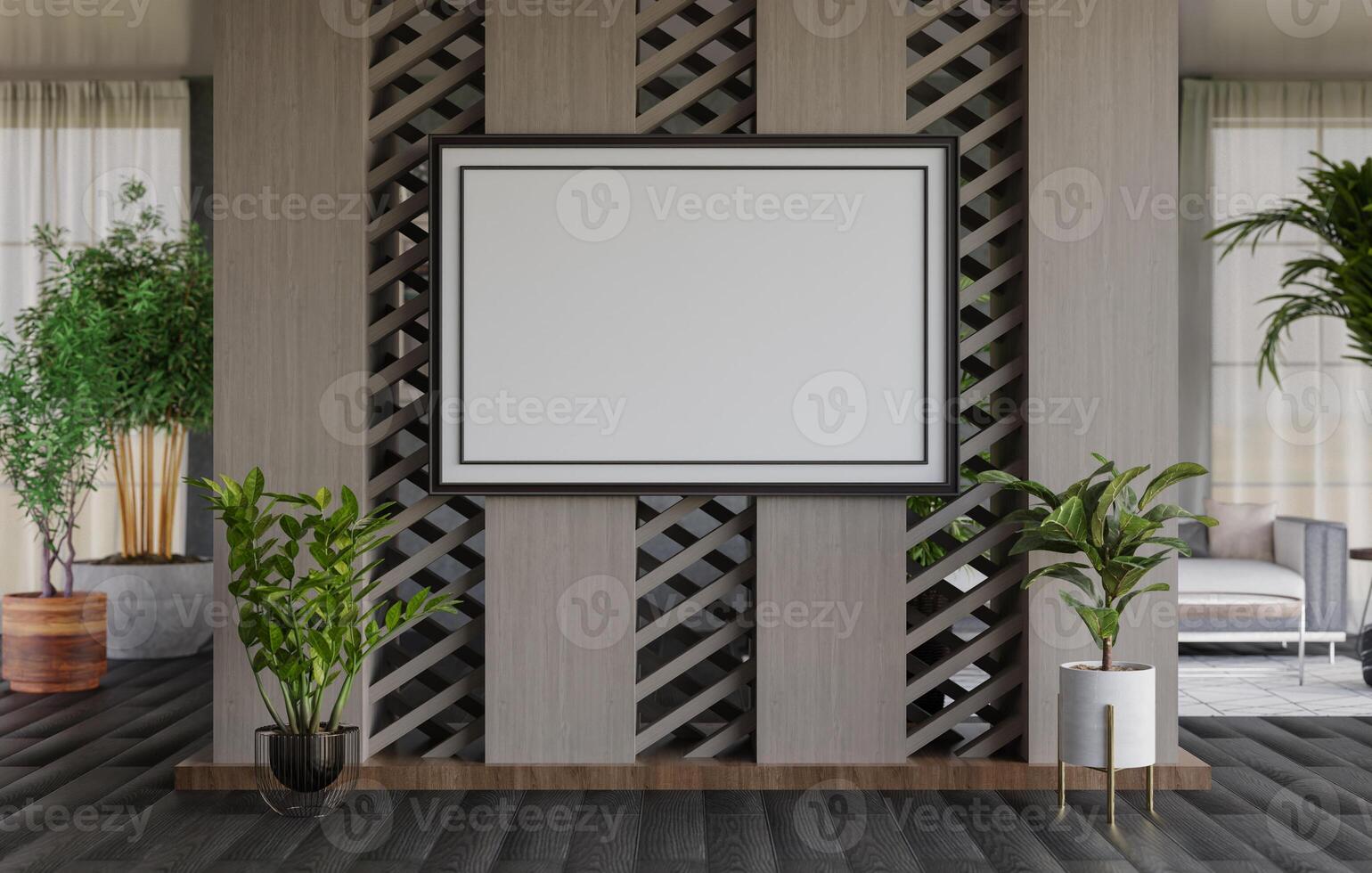 3D mockup blank photo frame in living room rendering