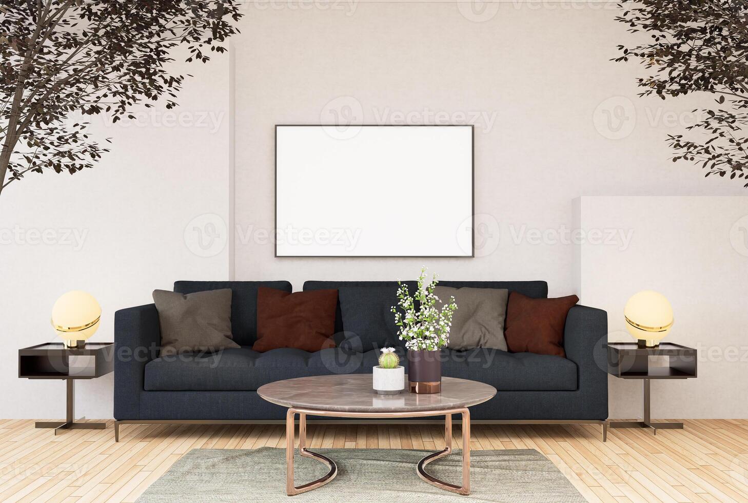 3D illustration Mockup blank photo frame in living room rendering