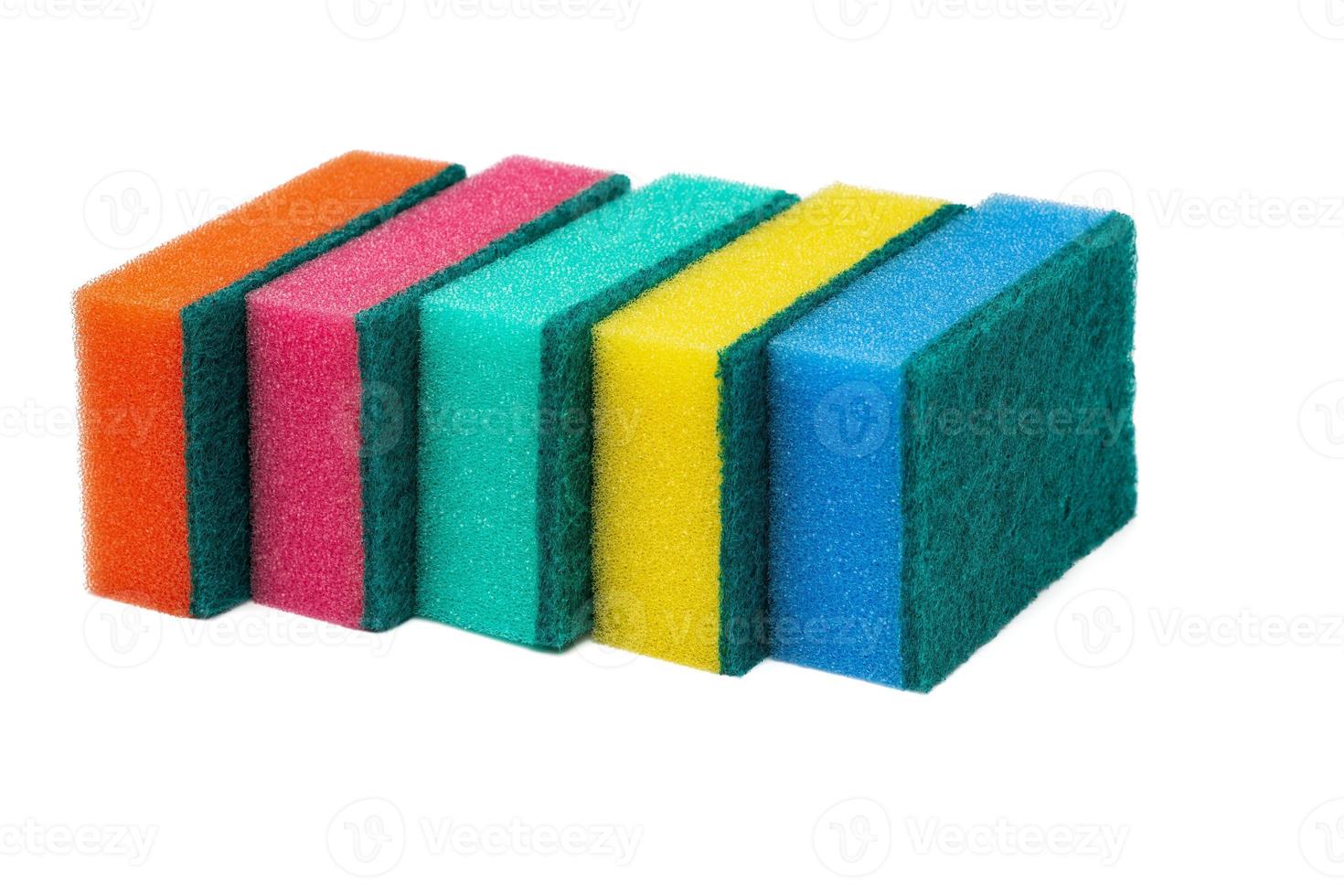 Group of foam sponges with abrasive material used by housewives who care about cleanliness in home photo