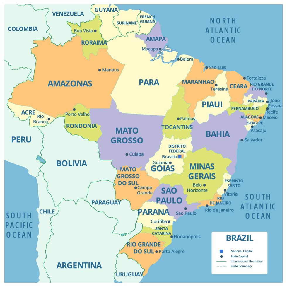Brazil Detailed Map with Surrounding Borders vector