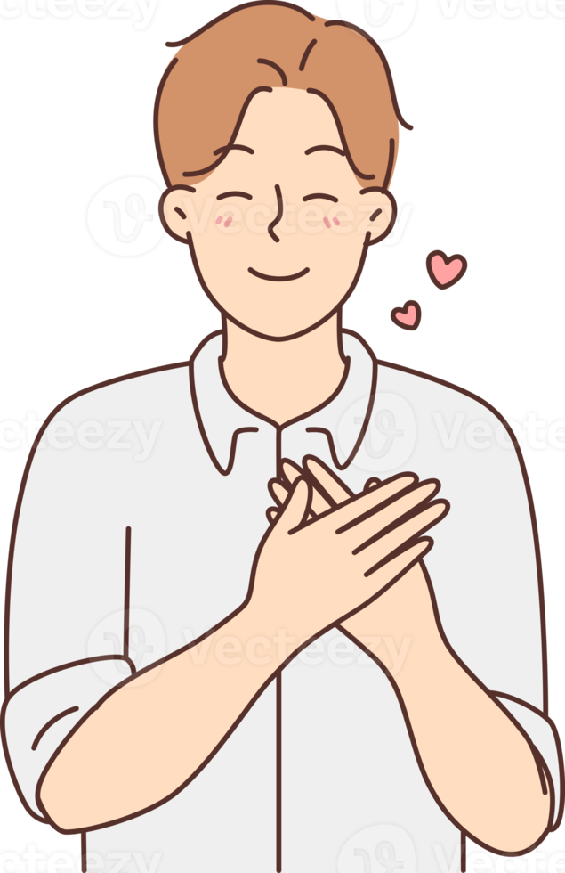 Happy man with hold at chest feel grateful png