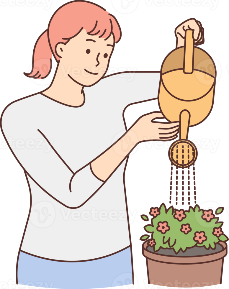 Smiling woman watering houseplant png