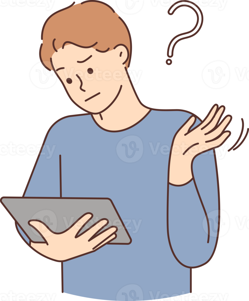Confused man shocked by problem on tablet png