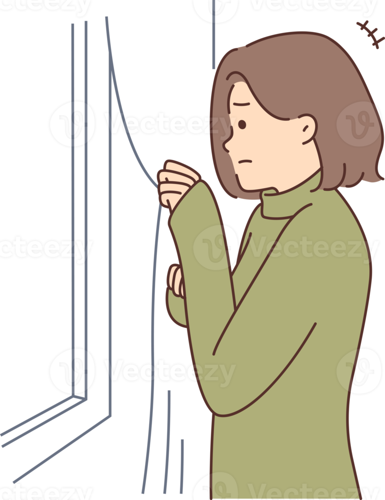 Scared unhappy woman look out of window feel anxious png
