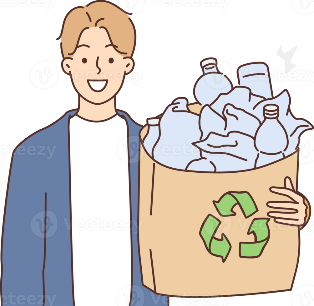 Smiling man hold plastic for recycling png