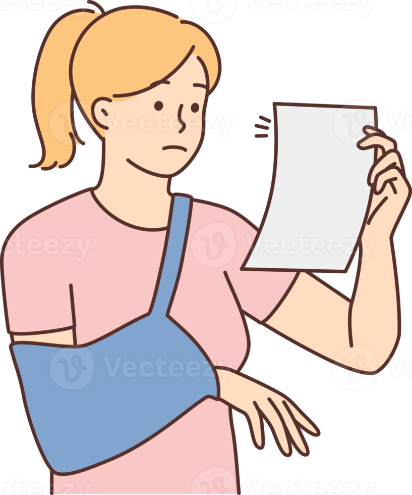 Confused woman with broken arm read prescription png