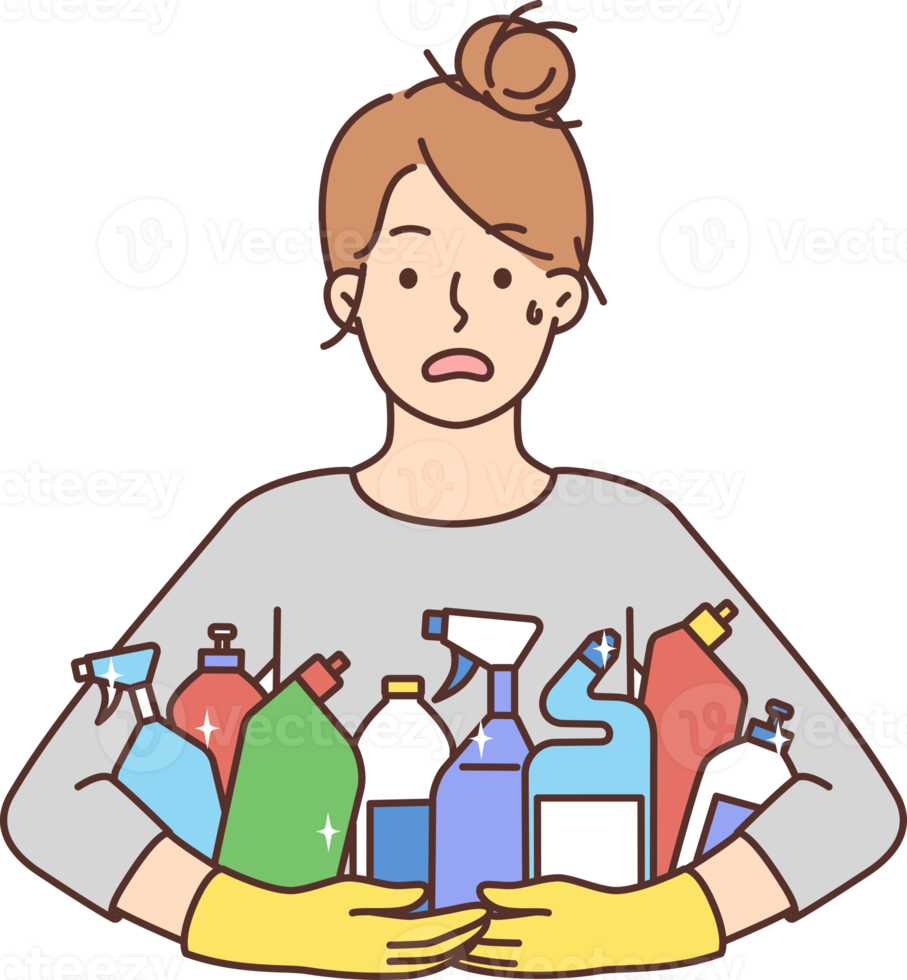 Stressed woman with detergent bottles png