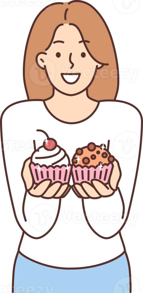 Smiling woman offer cupcakes png