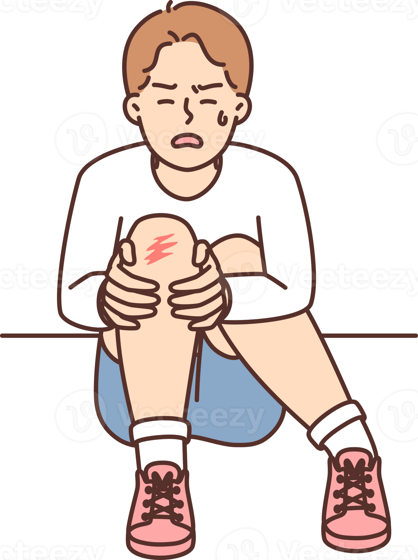 Crying boy sits on ground and holds on to injury on knee after fall during walk 21239638 PNG