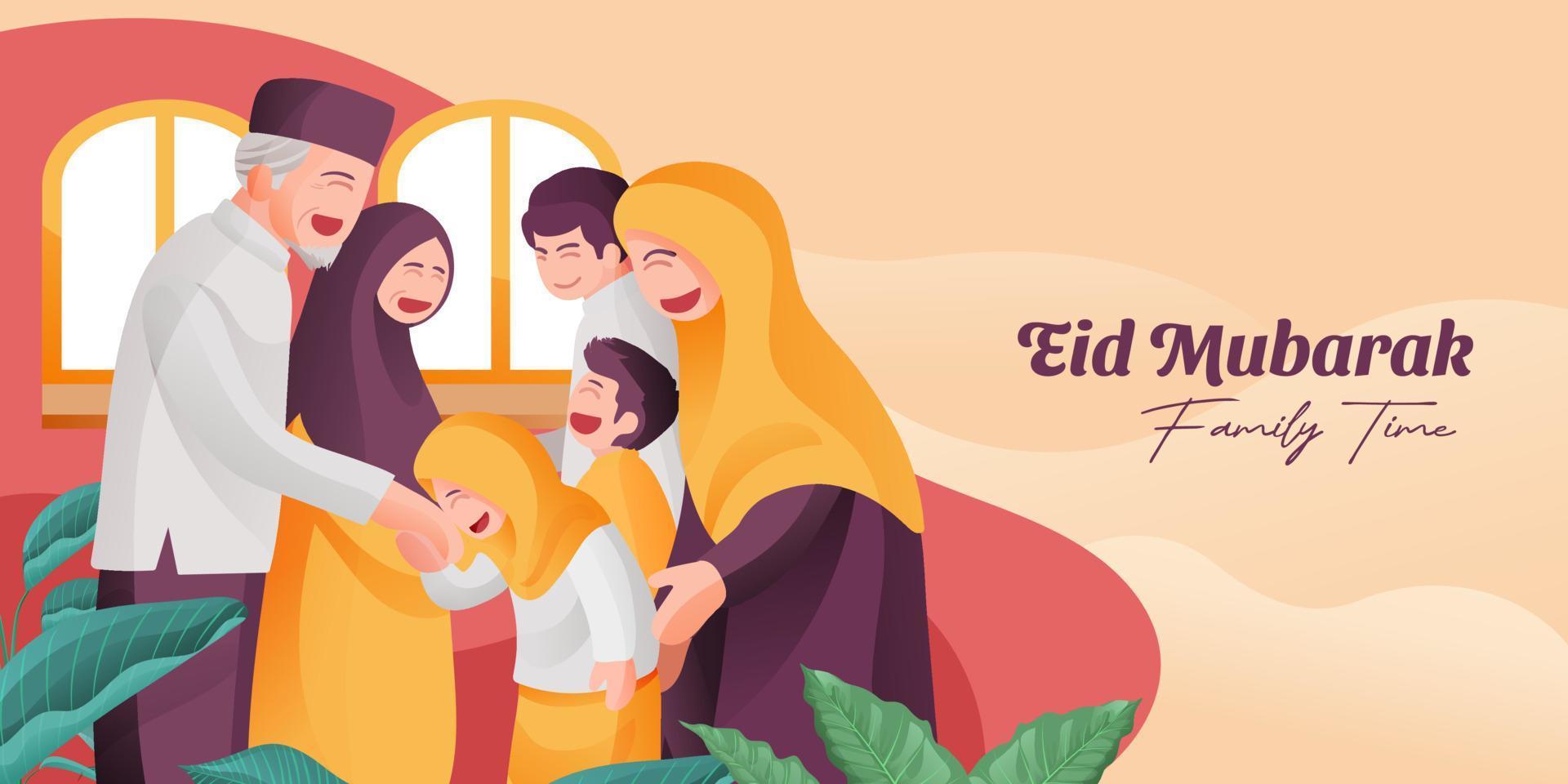 Eid Mubarak Family Gathering Illustration With Muslim Elder Parents and Kids Together Smile Full of Happiness vector
