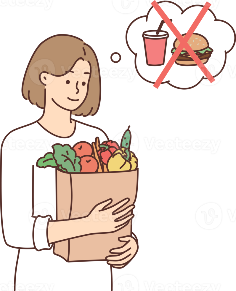 végétarien femme en portant papier sac avec Frais des légumes dans mains refusant à acheter vite nourriture png