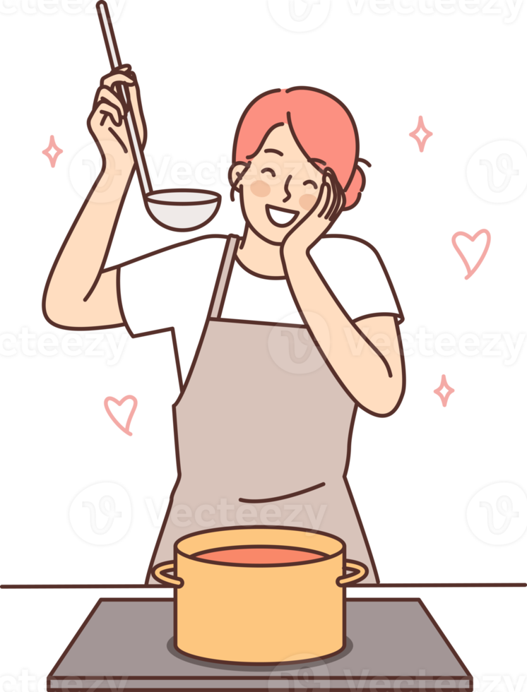 Happy housewife woman cooks soup standing at stove with saucepan and tastes after adding spices png