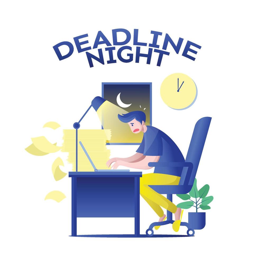 Deadline Night Illustration Man In Front of His Desk Late Night vector