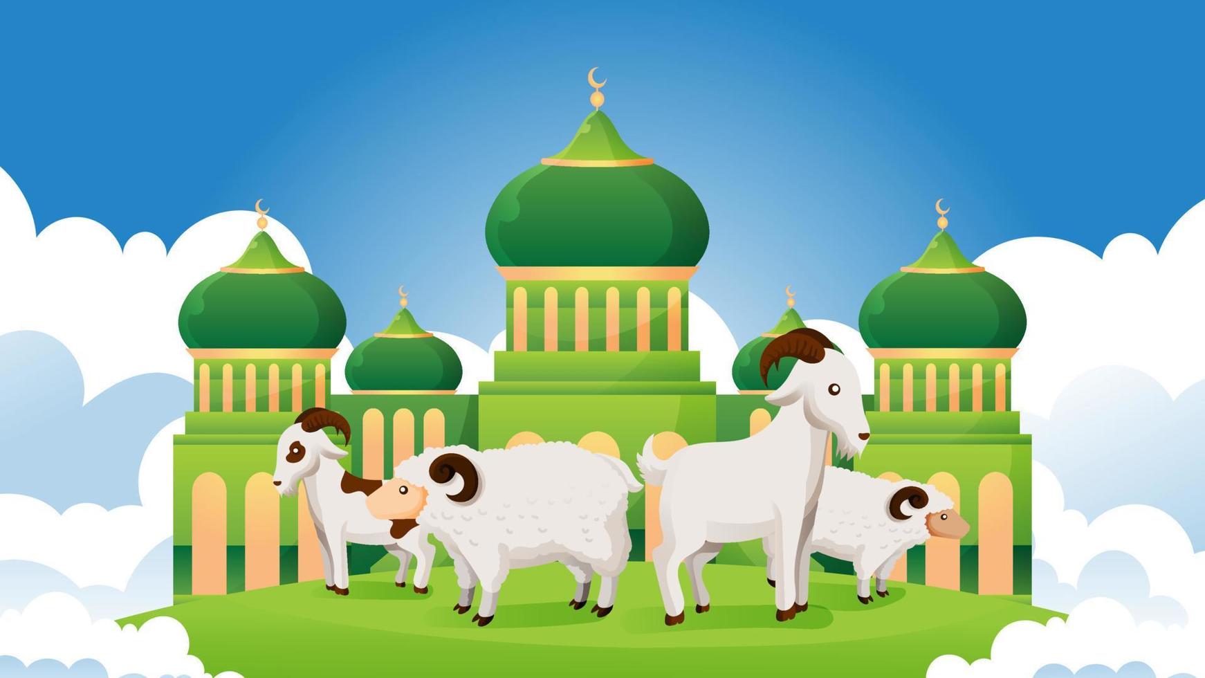 set of sacrifice animal in front of mosque for eid al adha celebration vector