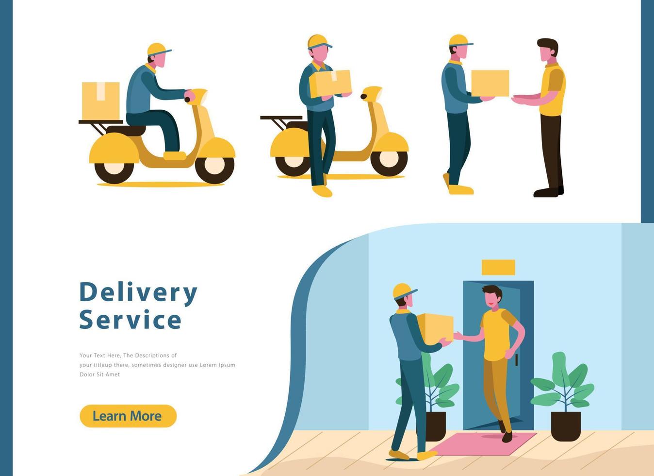 Delivery Man Send Package Box To Customer Flat Illustration In Turqoise Yellow Tone vector
