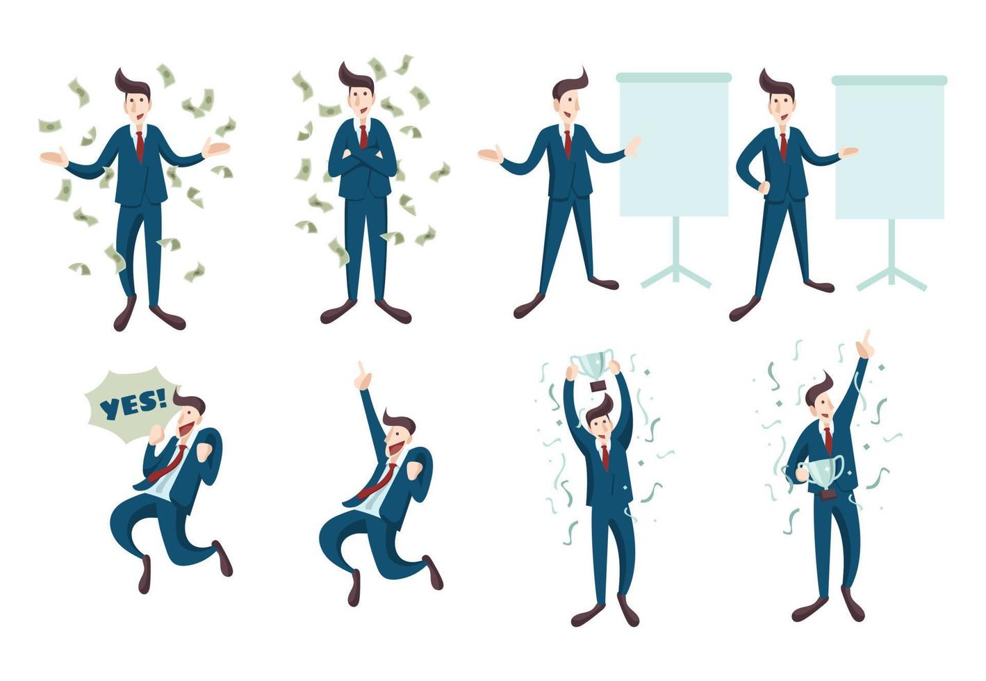 Set of Businessman or Salesman Achieve His Goal Succesfully, Get A Lot of Money with Happy Face in Flat Style Design Illustration vector
