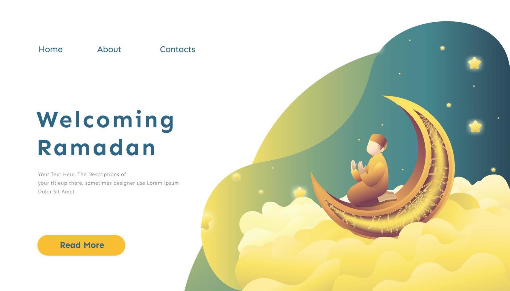 Ramadan Kareem Banner With Man Praying On Crescent Moon And Cloud vector