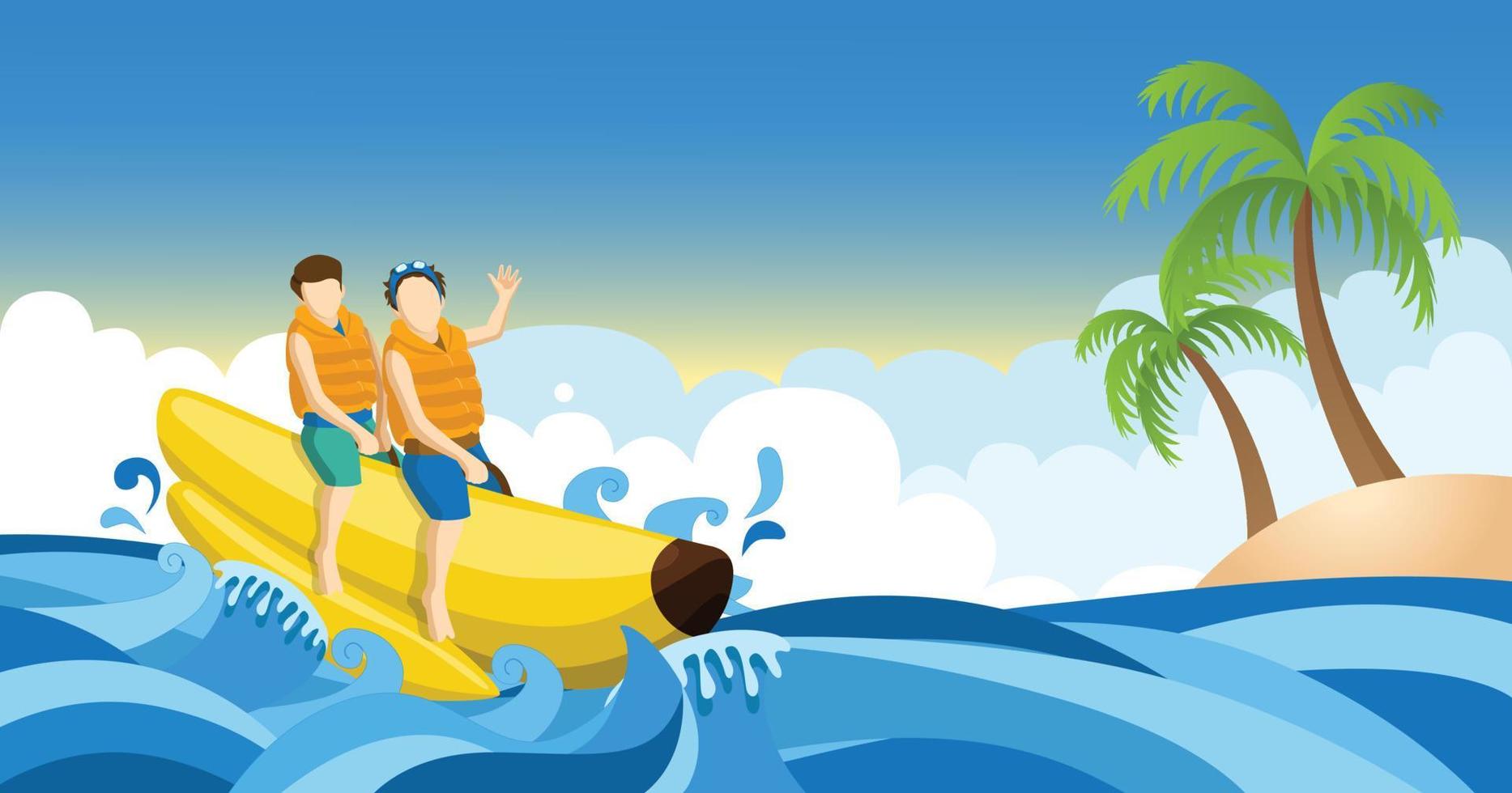 Kids Riding Banana Boat in Beach With Coconut Tree vector