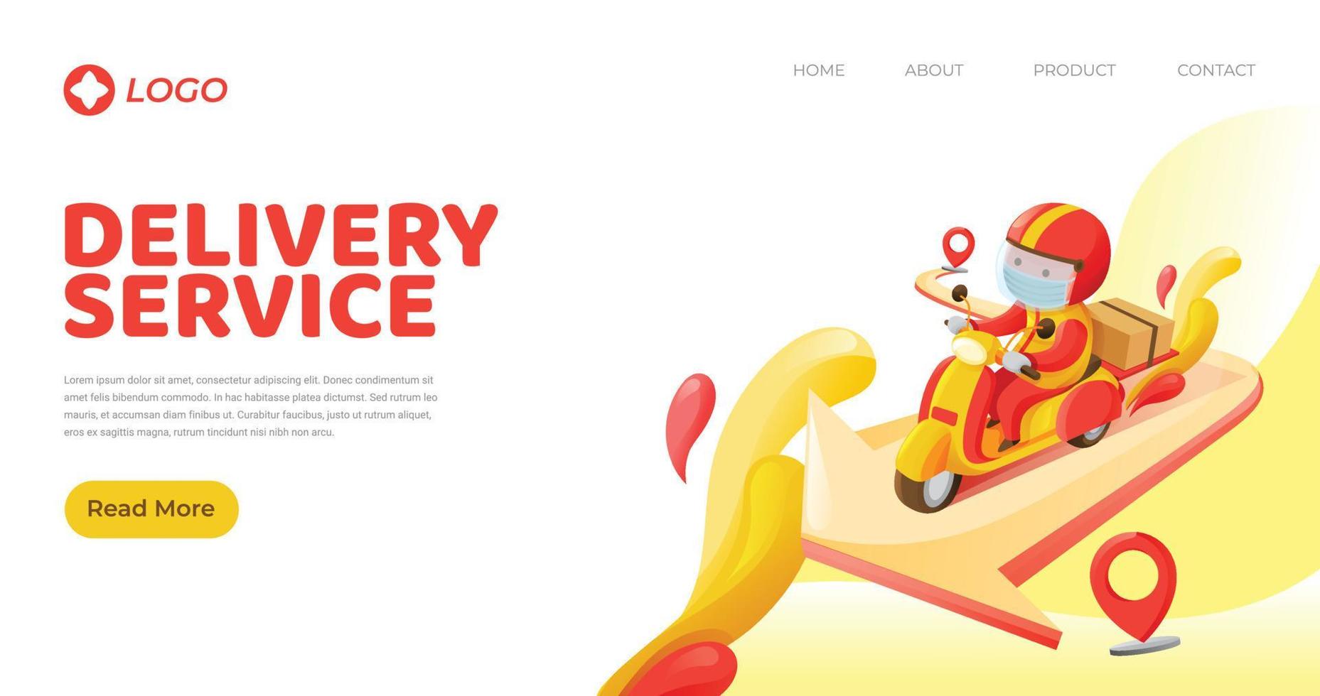 Landing Page Template of Delivery Man Wearing Mask Carries Box to Customer in Red and Yellow Color Themes vector