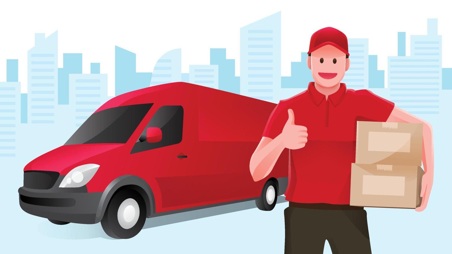 Delivery man in Red Uniform Thumb Up and Smile While Holding Boxes in Front of a Van Vector Illustration