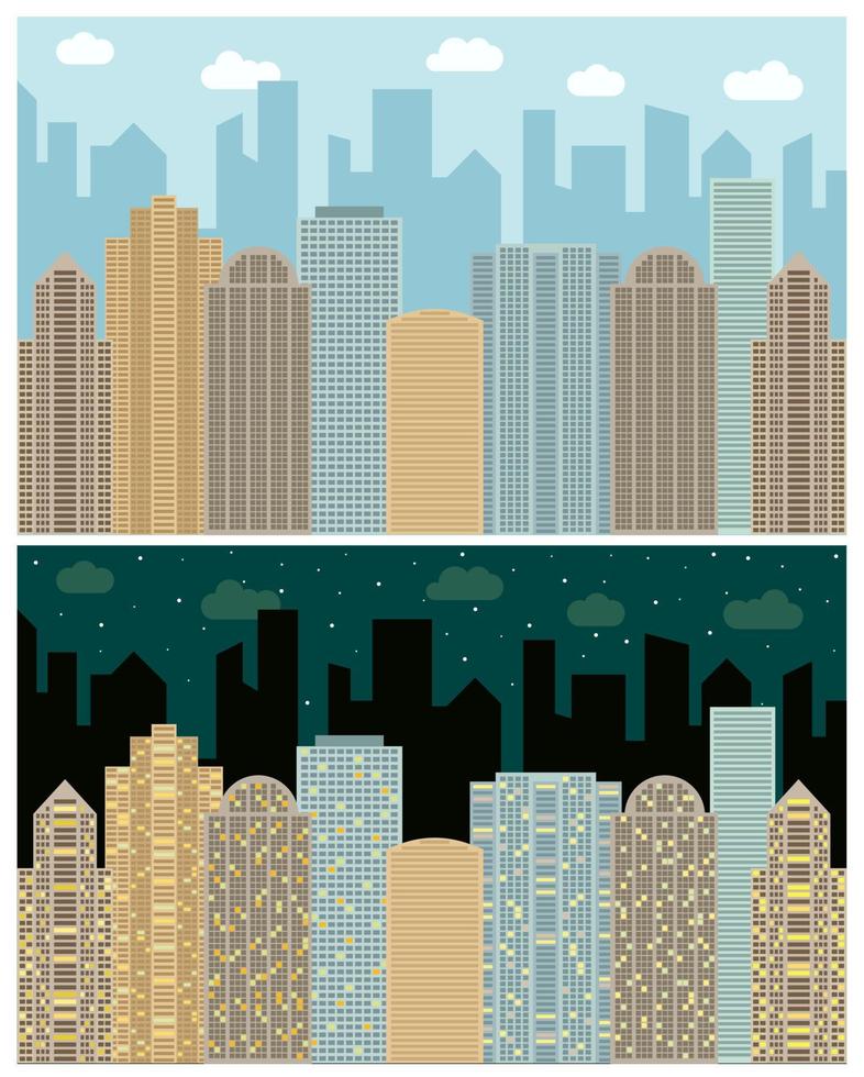 Street view with cityscape, skyscrapers and modern buildings in the day and night. Vector urban landscape illustration.