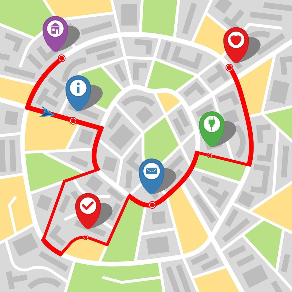 City map of an imaginary city with a river and multi-stop route. Vector illustration.