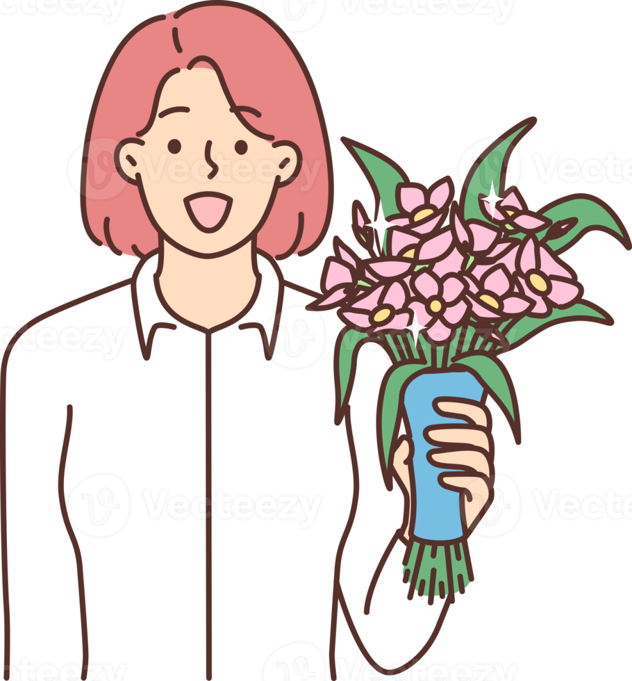 Smiling woman with bouquet greeting with anniversary png