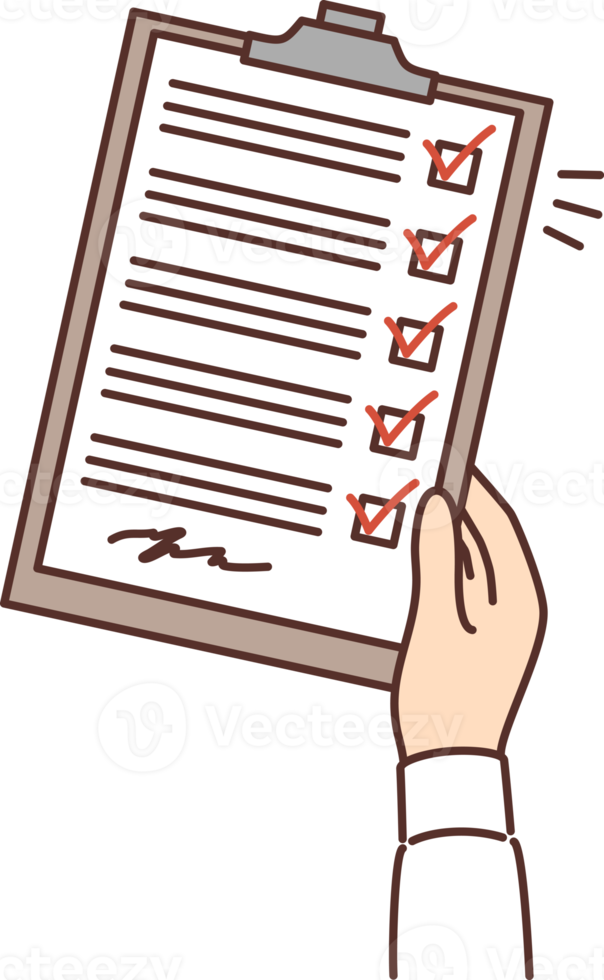 Man hand with clipboard with questionnaire consisting of checkboxes and signature png