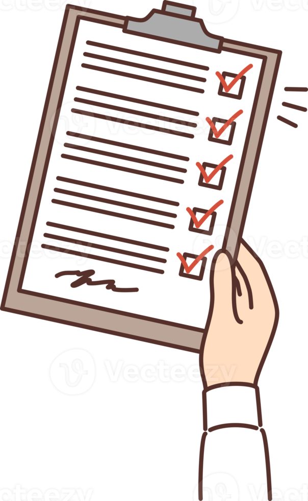 Mens hand- met klembord met vragenlijst bestaande van selectievakjes en handtekening png