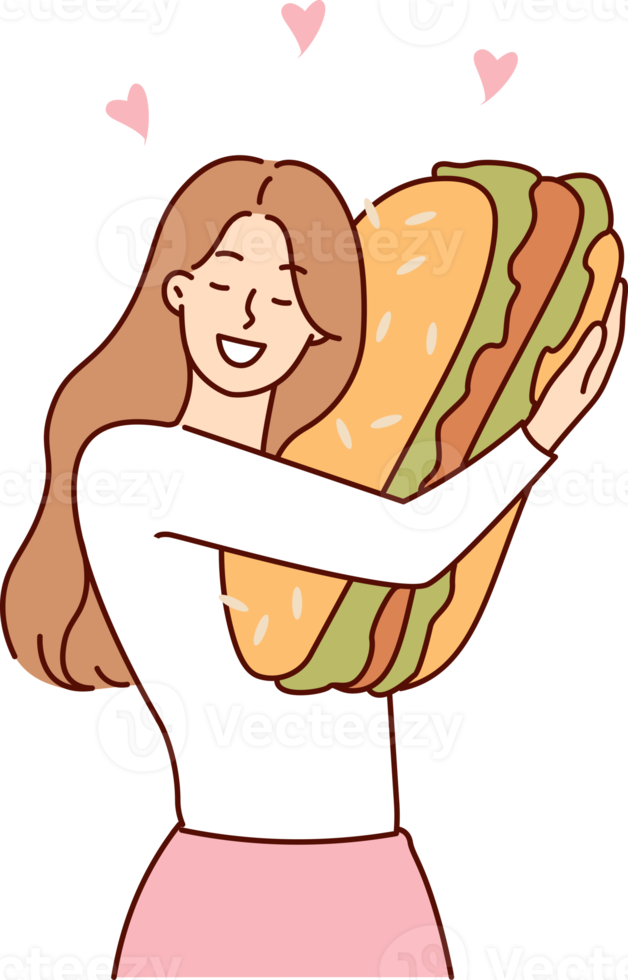 contento mujer abrazando gigante hamburguesa desaparecido rápido comida después largo dieta a mantener Delgado figura png