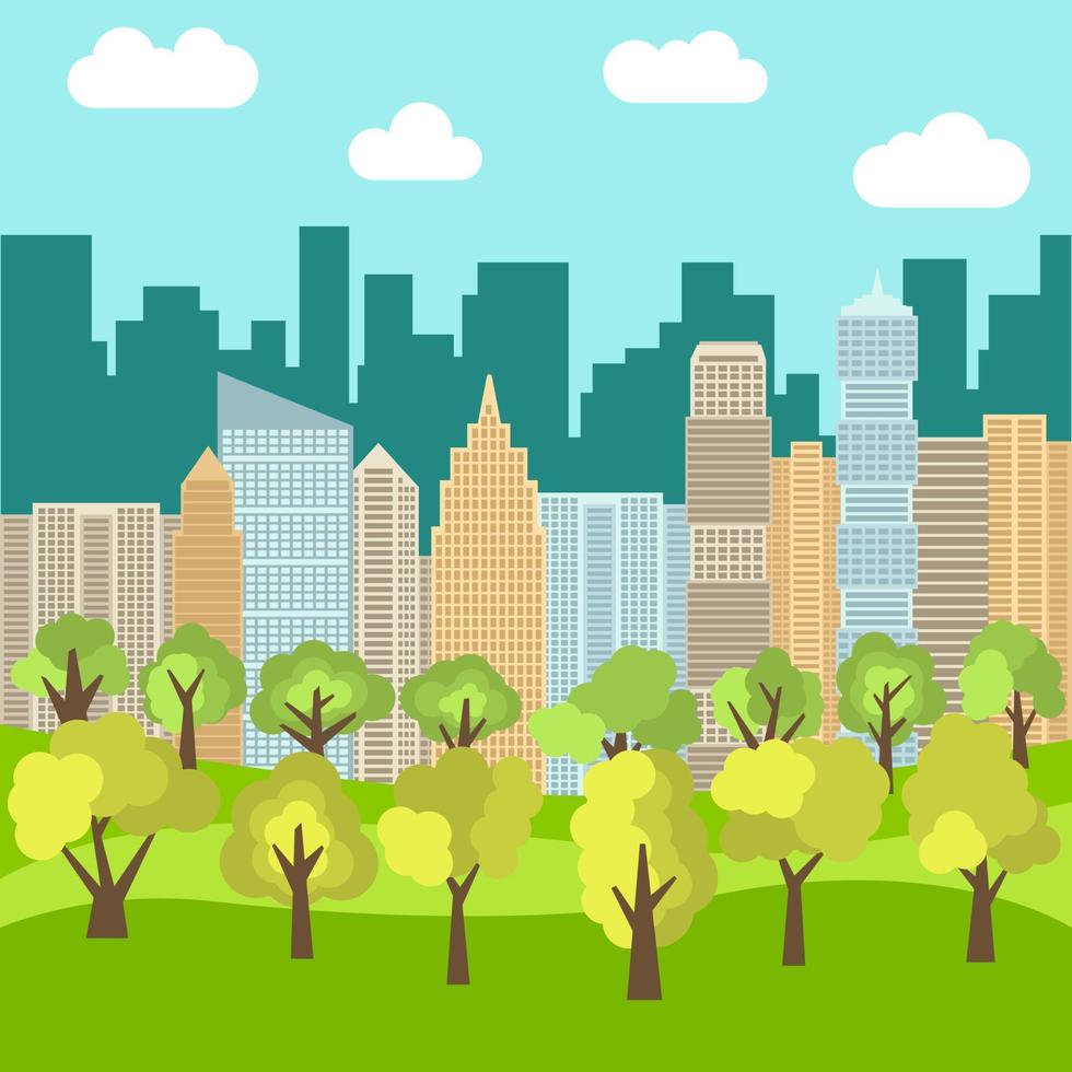 City park in the background of skyscrapers. Vector illustration