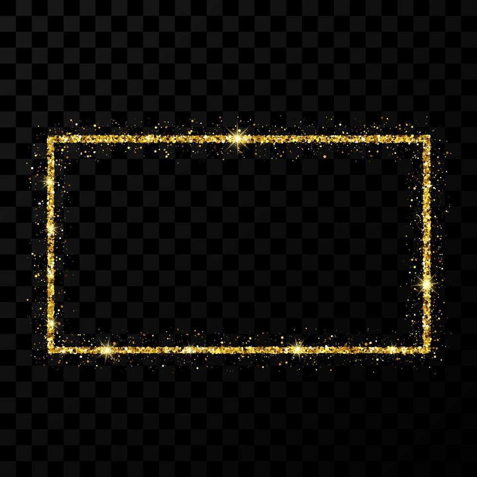 Gold glitter frame. Rectangle vertical frame with shiny stars and sparkles on dark vector