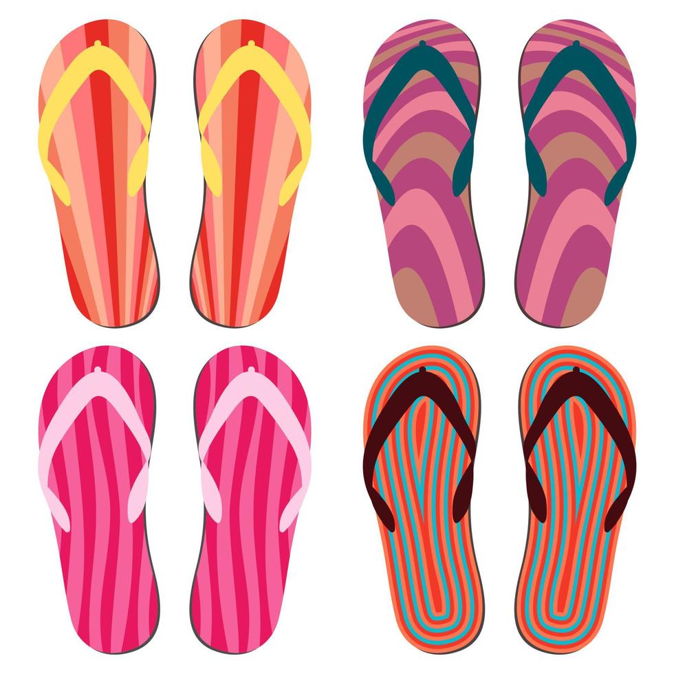 conjunto de zapatillas de playa. Chanclas de verano de colores sobre fondo blanco. vector