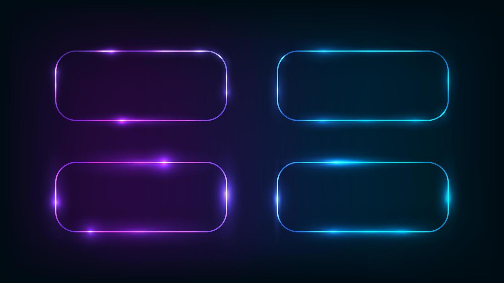 Set of four neon rounded rectangle frames with shining effects on dark background. Empty glowing techno backdrop. Vector illustration.